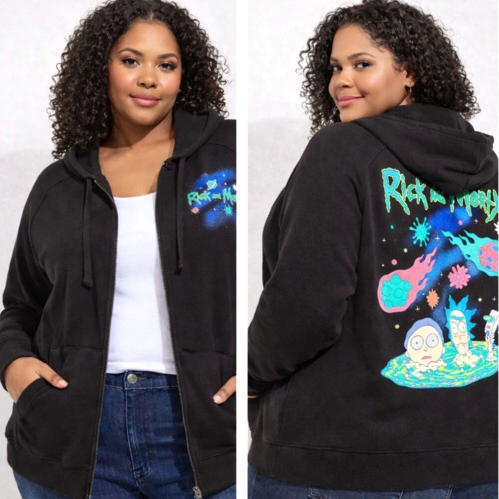 Torrid Rick & Morty Hoodie 2X Zip Black Graphic Adult Swim NWT Soft Cozy Pocket